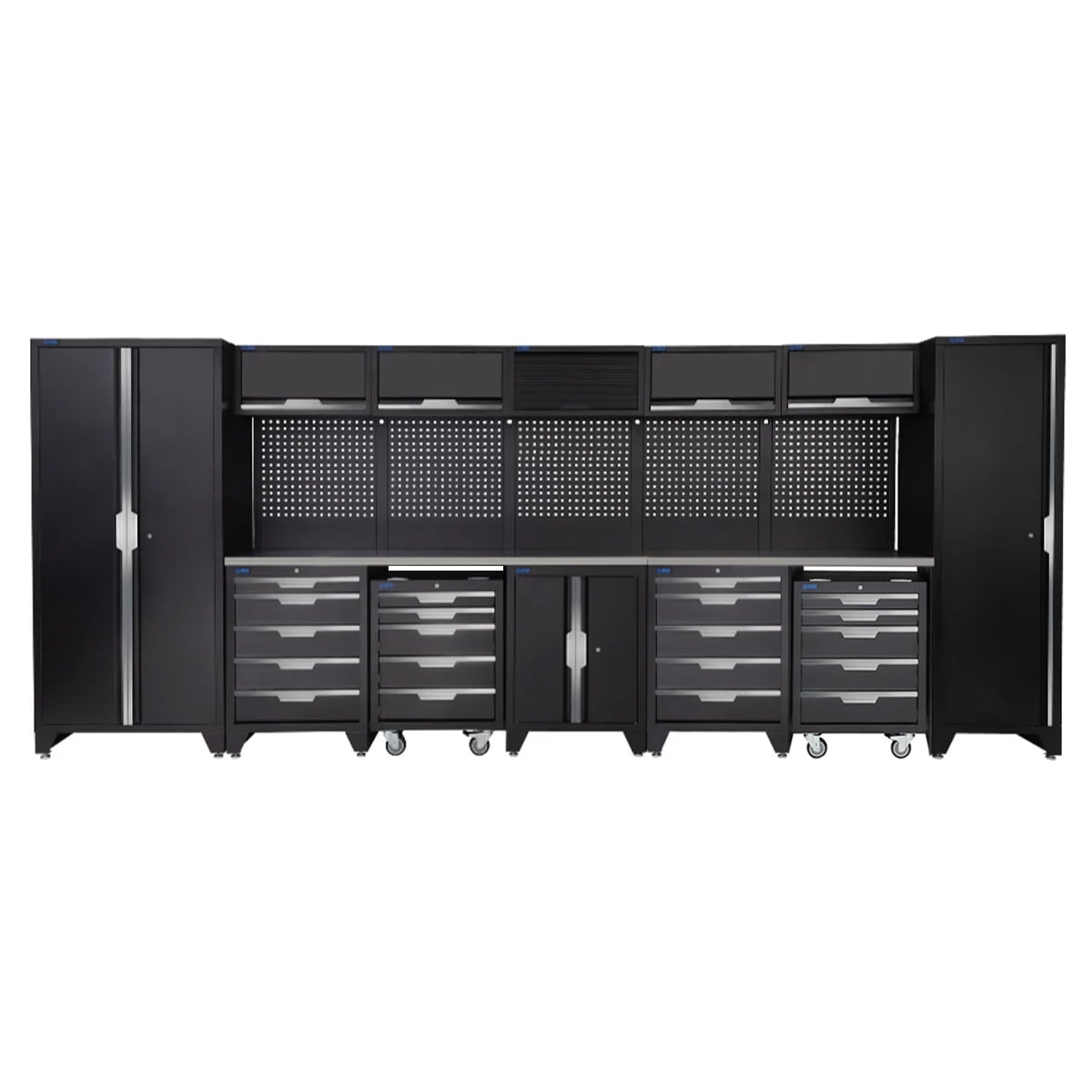SGS 17pc Garage Storage System | 15 Drawers | Stainless Steel Worktop | Tall Single & Double Cabinets |2x Floor Cabinets | 5x Upper Cabinets